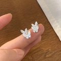 Silver zircon butterfly stud earring with layered wings and brushed texture finish - EH0558/Silver Double Layer Butterfly Stud