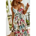 Sleeveless V-neck bohemian maxi dress with blue floral print on white background - S / White with Red Floral