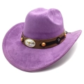 Detailed shot of purple suede cowboy hat featuring a silver bull head buckle and beads - M (56-58cm) / Purple
