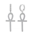 Detailed close-up of silver-tone Ankh cross earrings with micro-paved cubic zirconia - Silver Ankh A