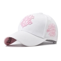 Detail of pink 3D embroidery and side wolf explore logo on a white cotton baseball cap - Adjustable / White