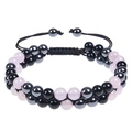 Close-up of double-layer beaded bracelet with pink quartz and magnetic stone beads - 6mm Rose Quartz 3 Beads (Double Layer Braided)