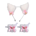 Detail of white faux fur cat ears headband and lace wristbands with pink bows and bells - Pure White Headband + Pair of Lace Wristbands