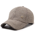 Brown and white houndstooth wool baseball cap with gold N rhinestone metal emblem - Adjustable / Coffee