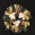 Christmas wreath with white flowers, gold pine cones, and red ornaments on black backdrop - Golden Ribbon Pine Cone Snow Pine Needle Sun Wreath / Without Lights