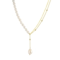 Asymmetric S925 sterling silver necklace with white pearls and golden double chains - Gold Asymmetric Pearl Chain(GPN54-14K)