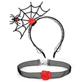 Detail of Halloween spider web headband and red rose choker set for costume parties - 25# Lace Mesh Red Flower Set