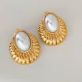 Elegant gold fan-shaped stud earrings with white faux pearl inlays for women - Gold Vintage Shell Earrings (D2870)