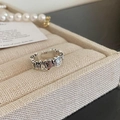 Silver open ring with engraved cartoon rabbit and bear patterns with red details - Cartoon Animal Embossed Open Ring (J2975)