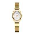 Detail of elegant oval gold watch with polished case and textured metallic strap - Gold-White
