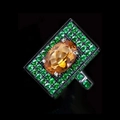 Macro detail of square black ring featuring an oval orange stone and green crystal pavé - Yellow Main Stone + Green Zirconia (H189)