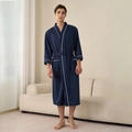Men's dark blue absorbent waffle hotel bathrobe with white piping and waist belt - Navy Blue (Men's)