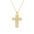 Close-up of golden cross pendant necklace featuring shimmering white zircon stones - White (DN240556-W)