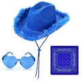 Set cappello da cowboy blu con piume, occhiali a cuore e bandana con motivo paisley - Set 3 Pezzi Filo d'Argento Blu Reale