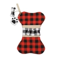 Bone-shaped Christmas stocking with red and black buffalo plaid and dog paw charms - Red and Black Plaid Bone Style