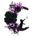 Gothic black crescent moon wreath with dark roses, purple crystals, and a cat silhouette - Purple Flowers & Black Roses
