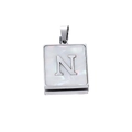 Close-up of square stainless steel pendant with white mother-of-pearl and letter N - Steel N