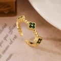 Adjustable 18K gold-plated ring with green zircon clover flowers and vintage bead texture - Adjustable Open / Green