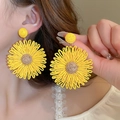 Detailed view of handmade yellow sunflower woven earrings worn by a female model - 16# Steel Needle Woven Sunflower Studs