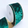 Dark green velvet ribbon with wired gold edges, perfect for Christmas tree decoration - 5cm Wide / Dark Green