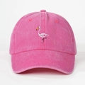 Close-up of pink washed cotton fabric with detailed flamingo embroidery on baseball cap - One Size / Rose Red