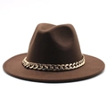 Detail of a dark brown felt jazz hat featuring a stylish gold chain trim on a white background - Dark Coffee