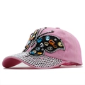 Pink denim baseball cap featuring colorful rhinestone butterfly and sparkly brim - Adjustable / Pink (JXB-54542)
