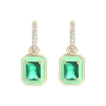 Gold huggie hoop earrings with green rectangular stone and light green enamel border - Light Green