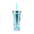 Double-walled mermaid tail straw cup in teal metallic finish with shimmering scales - Type I/Cyan