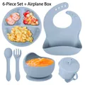 Fog blue 6-piece baby silicone feeding set with plate, bowl, bib, and sippy cup - 6-Piece All-Silicone Set / Grey Blue