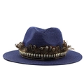 Detail of navy straw fedora hat featuring brown feathers and silver skull charms - Navy Blue