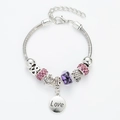 Silver snake chain charm bracelet with pink crystals, purple beads and LOVE pendants - Light Pink