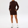 Deep brown two-piece yoga set with white side stripes featuring zipper jacket and mini skirt - S / Dark Coffee (Sport Jacket + Sport Skirt)