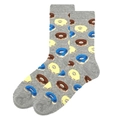Mid-calf cotton socks in light grey featuring vibrant colorful donut prints and ribbed cuffs - Grey Donut