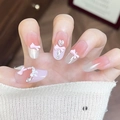 Pink bow press-on nails with cat eye gradient, pearls, and rhinestones for women - By2219 Lotus Emerging From Water / Phototherapy Glue Style