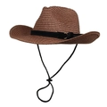 Detail of the woven straw cowboy hat with a black decorative band and metal buckle - Coffee