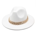 Elegant white fedora hat with a bold gold chain band on a clean white background - Single White Hat