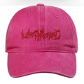 Detailed close-up of gothic embroidery on rose pink washed cotton baseball cap - Rose Red