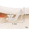 Macro detail of rhinestone high heel brooch showing 3.2cm height and 4.2cm length dimensions - Silver Base White Flower Rhinestone