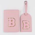 Set de viaje de cuero PU rosa con funda de pasaporte y etiqueta de equipaje letra B - Letra B