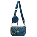 Dark blue quilted crossbody bag with golden chain and round coin purse attachment - Upgraded / Teal