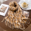 Plaid tassel scarf in yellow and brown check pattern on a wooden table setup - Yellow & Brown Plaid (WT142-5)