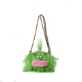 Green long-haired monster crossbody bag with pink plush lips and braided colorful strap - Small / Green