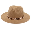 Detailed close-up of natural woven straw Panama hat with elegant rose gold metal chain - One Size / Khaki