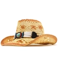 Handgewebter Cowboyhut aus Naturstroh mit Türkisperlen und Sonnenschutz - M(56-58cm) / Beige