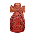 Macro detail of red crystal-studded perfume bottle clutch with VIP metal plaque - Red