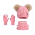 Pink kids knit hat set with neck warmer and gloves featuring double pom-poms - Three-Piece Set / Watermelon red