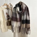 Detail of plaid mohair scarf with tassels paired with a wool coat and leather handbag - 38*250cm / Black and Coffee Plaid