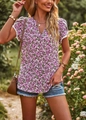 Close-up of women's V-neck short sleeve top with purple floral print and white lace trim - S / Purple