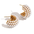 Fashion 18K gold plated C-shape hoop earrings with micro-inlaid pearls and crystals - Gold - Faux Pearl